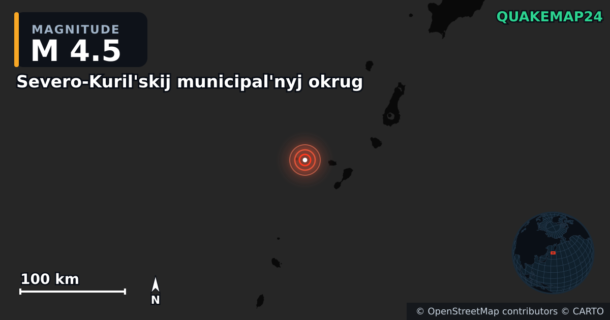 M4.5 earthquake near Severo-Kuril'skij municipal'nyj okrug on Feb 9, 2026 — map of epicenter and shaking intensity | QuakeMap24