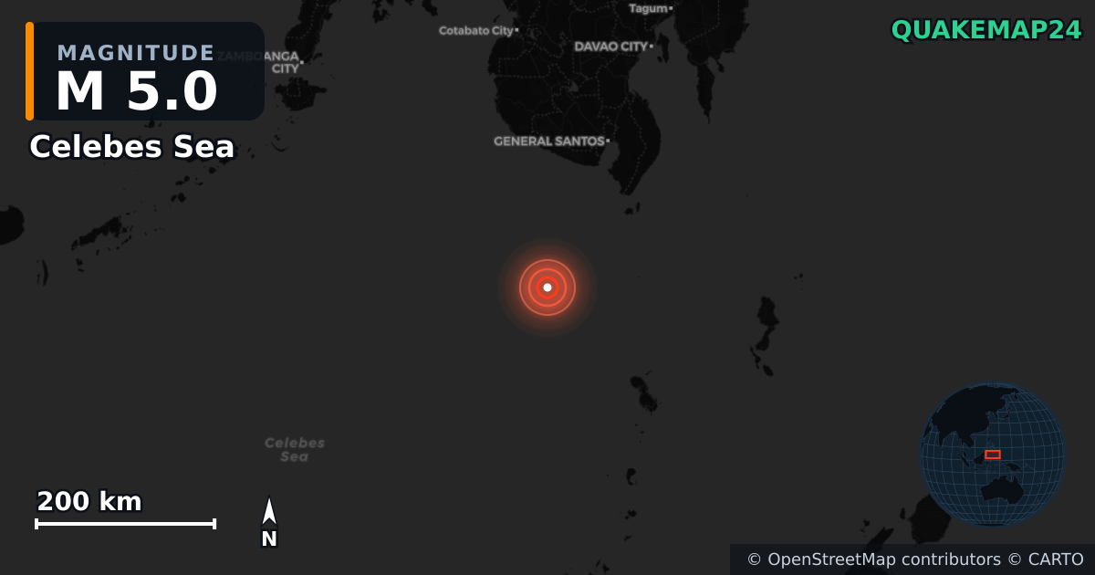 Celebes Sea yakınında M5,0 deprem · 2026-01-13 — Deprem merkez üssünün konumunu gösteren harita