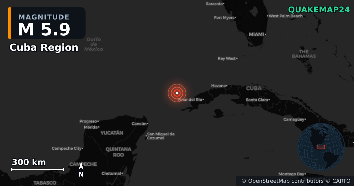 M5.9 earthquake near Cuba Region on Jun 8, 2026 — map of epicenter and shaking intensity | QuakeMap24