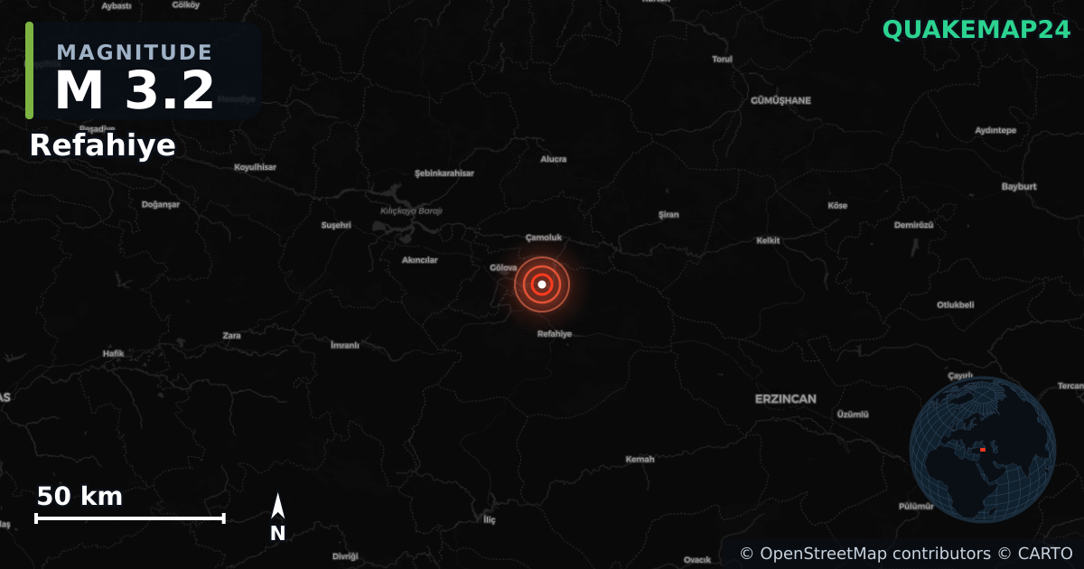 M3.2 earthquake near Refahiye on Aug 25, 2026 — map of epicenter and shaking intensity | QuakeMap24