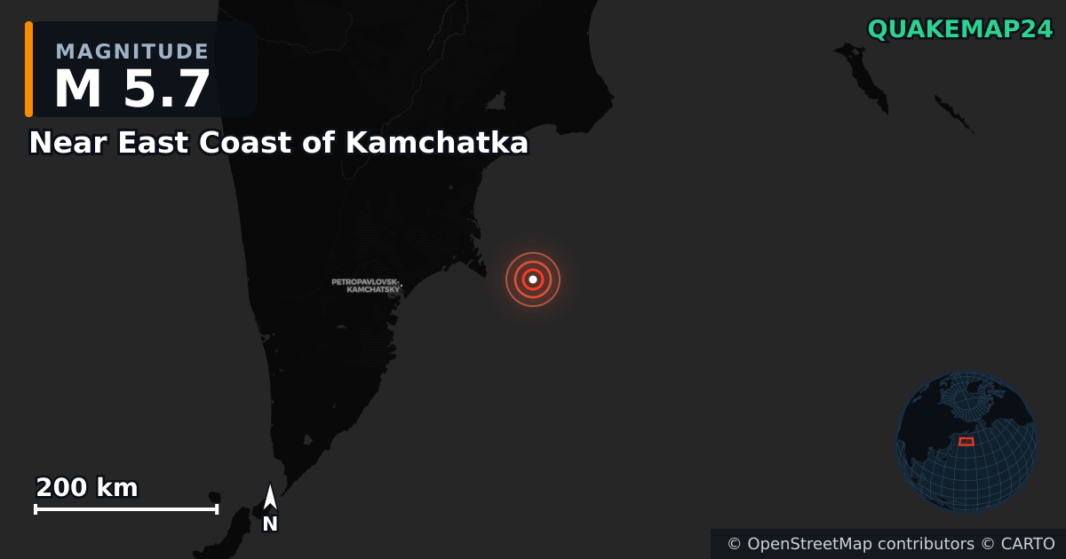 M5.7 earthquake near Near East Coast of Kamchatka on Sep 18, 2025 — map of epicenter and shaking intensity | QuakeMap24
