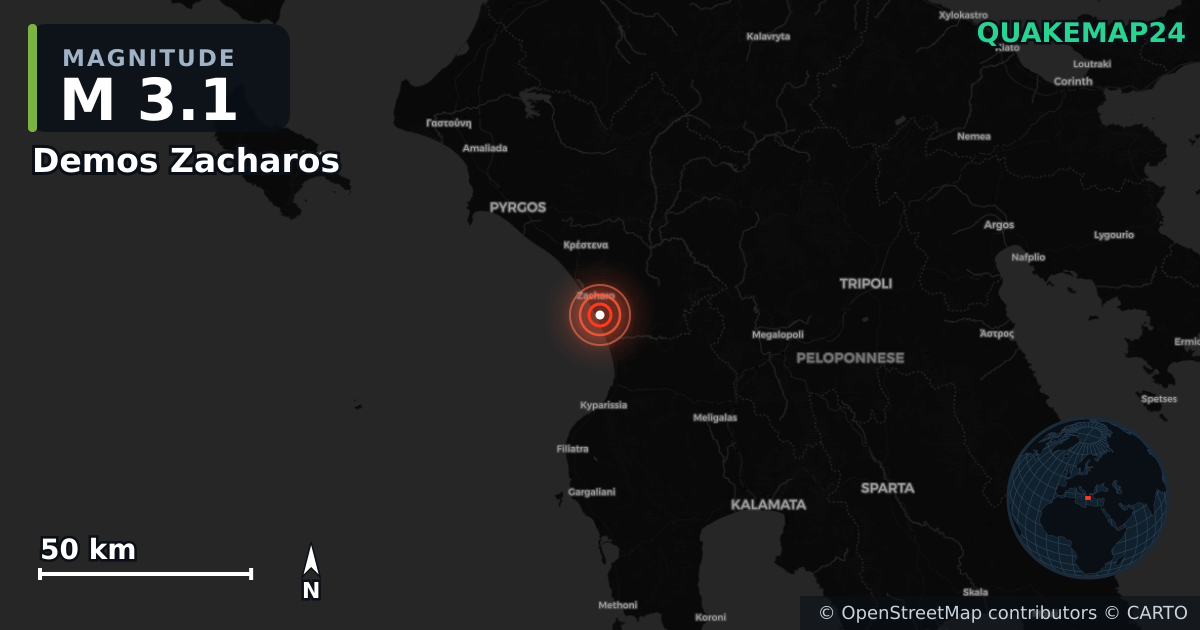 M3.1 earthquake near Demos Zacharos on May 17, 2026 — map of epicenter and shaking intensity | QuakeMap24