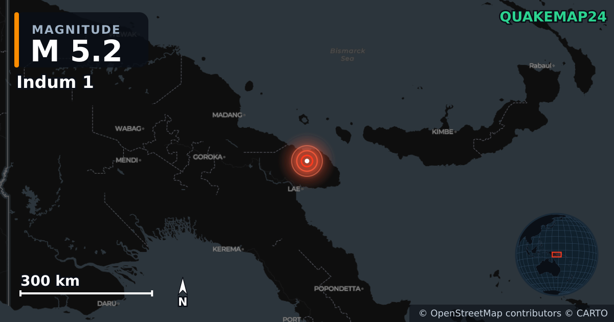 Erdbeben M5,2 bei Indum 1, Morobe (Papua-Neuguinea) · 2026-10-25 — Karte der Lage des Epizentrums
