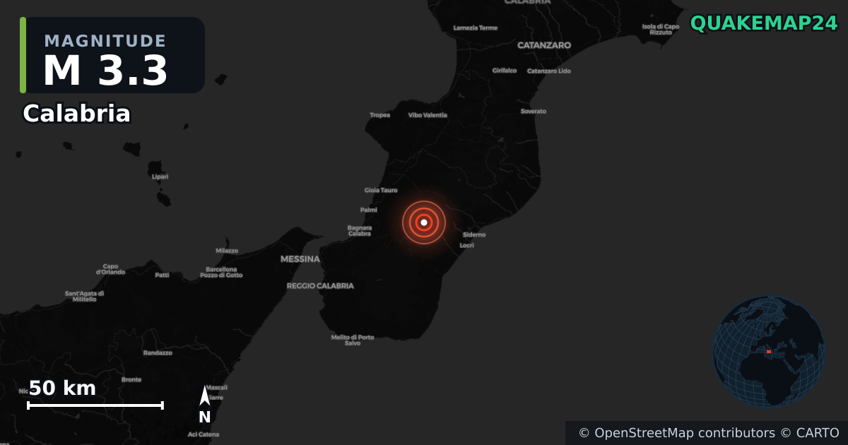 M3.3 earthquake near Calabria on Jul 12, 2025 — map of epicenter and shaking intensity | QuakeMap24