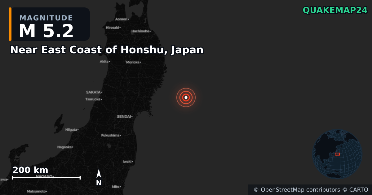 M5.2 earthquake near Near East Coast of Honshu, Japan on Mar 6, 2026 — map of epicenter and shaking intensity | QuakeMap24