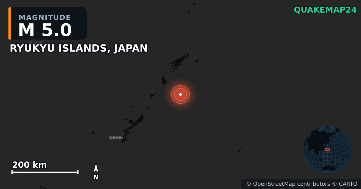 M5.0 earthquake near RYUKYU ISLANDS, JAPAN on May 11, 2026 — map of epicenter and shaking intensity | QuakeMap24