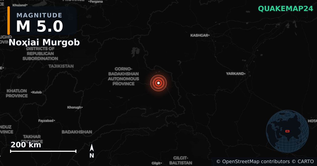 M5.0 earthquake near Noҳiai Murgob on Jan 27, 2026 — map of epicenter and shaking intensity | QuakeMap24