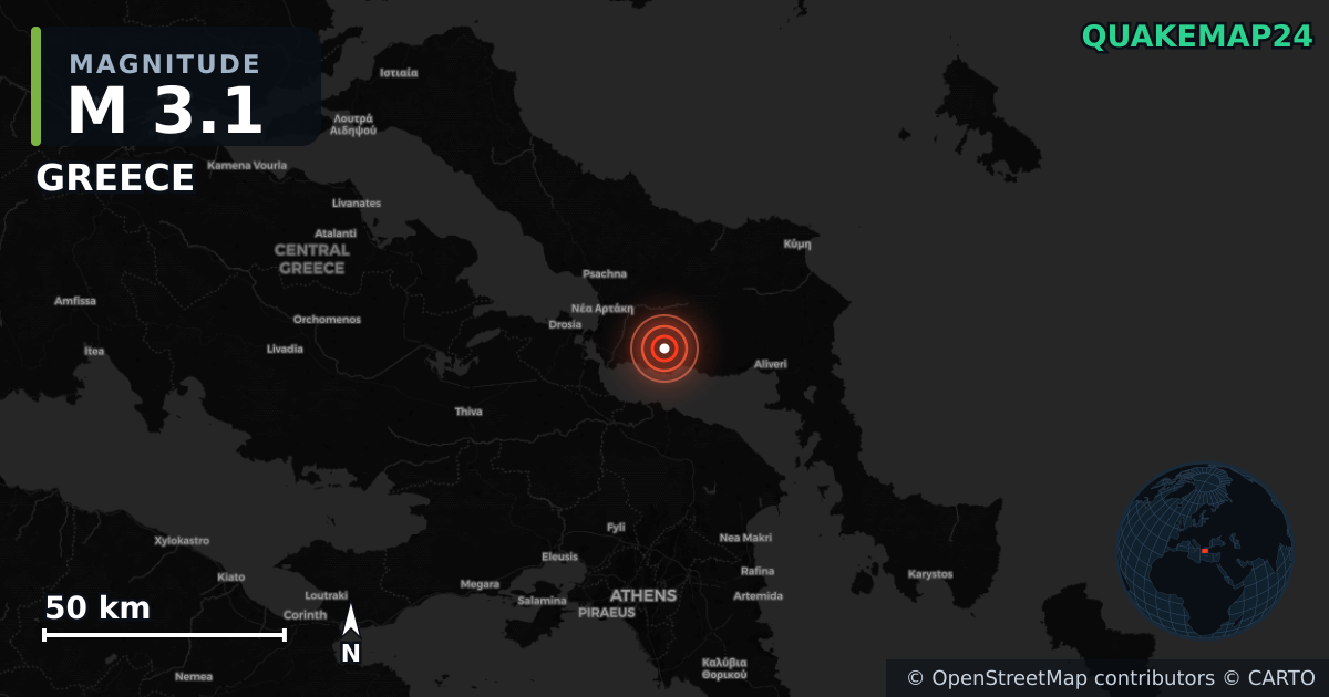 M3.1 earthquake near GREECE on Apr 28, 2025 — map of epicenter and shaking intensity | QuakeMap24