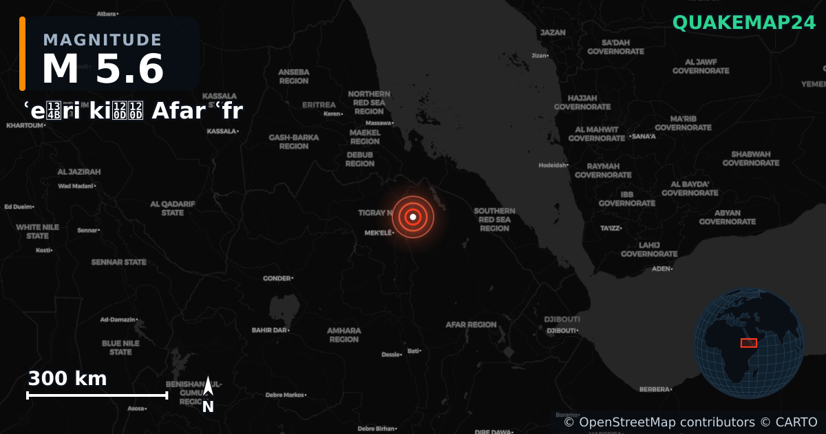M5.6 earthquake near ʿeፋri kiልል Afar ʿfr on Oct 11, 2025 — map of epicenter and shaking intensity | QuakeMap24