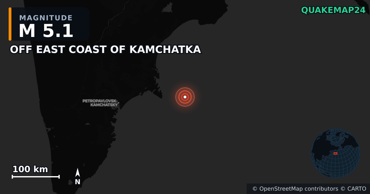 M5.1 earthquake near OFF EAST COAST OF KAMCHATKA on Sep 19, 2025 — map of epicenter and shaking intensity | QuakeMap24