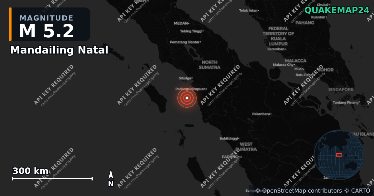 M5.2 earthquake near Mandailing Natal on Sep 5, 2026 — map of epicenter and shaking intensity | QuakeMap24