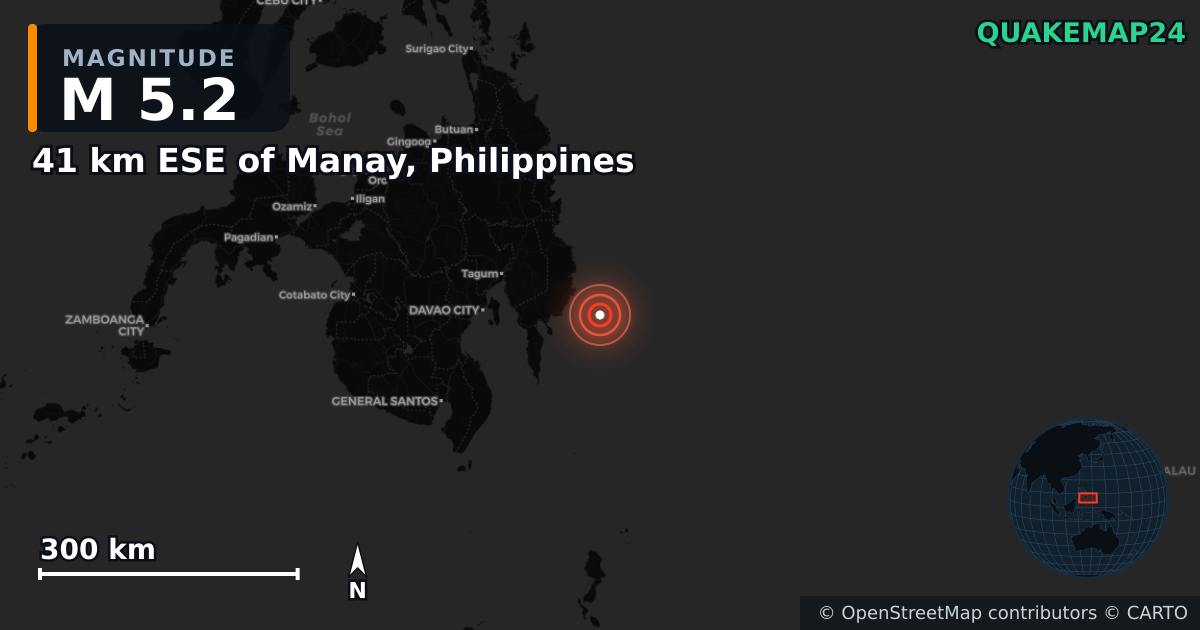 M5.2 earthquake near 41 km ESE of Manay, Philippines on Oct 10, 2025 — map of epicenter and shaking intensity | QuakeMap24