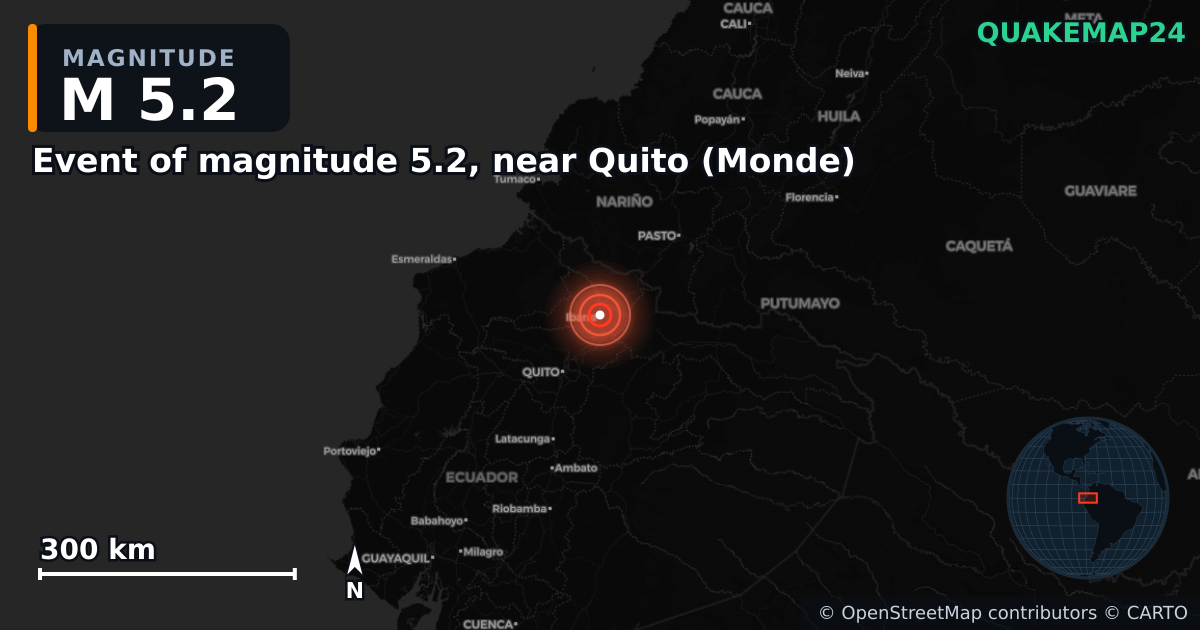 Erdbeben M5,2 bei Event of magnitude 5.2, near Quito (Monde) — Karte der Lage des Epizentrums