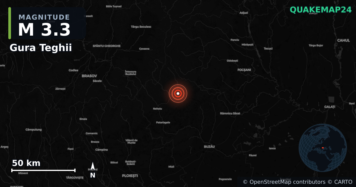 M3.3 earthquake near Gura Teghii on May 31, 2026 — map of epicenter and shaking intensity | QuakeMap24