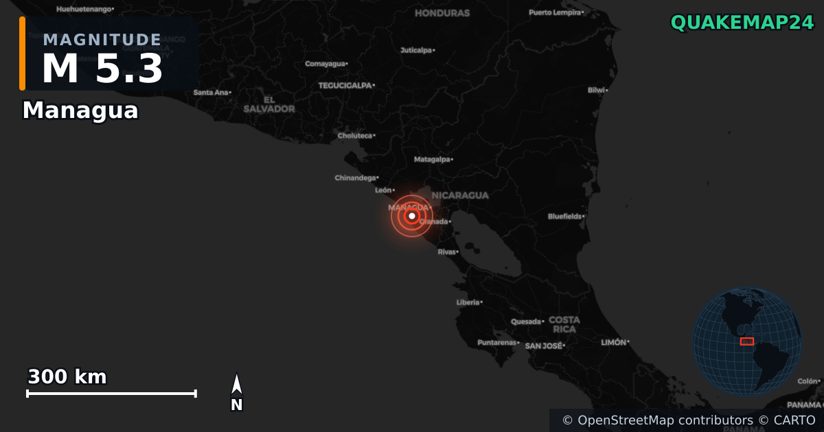 M5.3 earthquake near Managua on Nov 17, 2025 — map of epicenter and shaking intensity | QuakeMap24