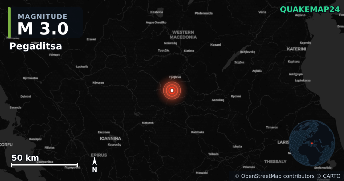 Sismo de M3,0 perto de Pegaditsa, Periphereia Dytikes Makedonias (Grécia) · 2026-05-01 — Mapa da localização do epicentro