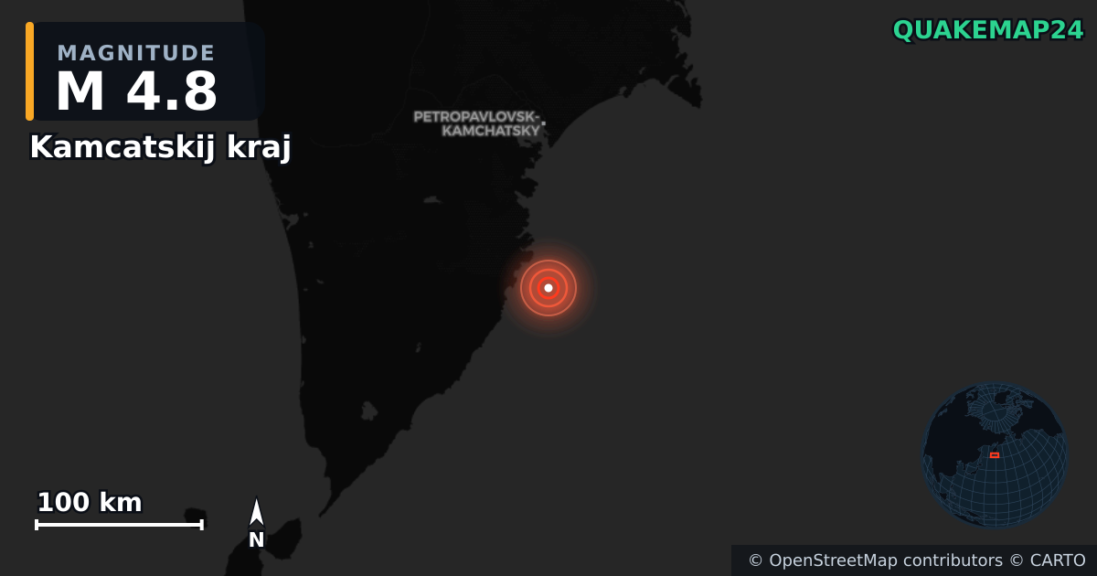 M4.8 earthquake near Kamcatskij kraj on Nov 7, 2025 — map of epicenter and shaking intensity | QuakeMap24