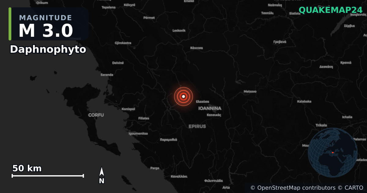 M3.0 earthquake near Daphnophyto on Apr 9, 2026 — map of epicenter and shaking intensity | QuakeMap24