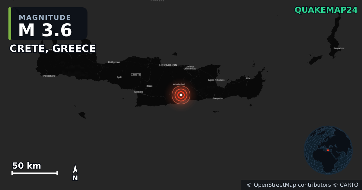 M3.6 earthquake near CRETE, GREECE on Apr 26, 2025 — map of epicenter and shaking intensity | QuakeMap24
