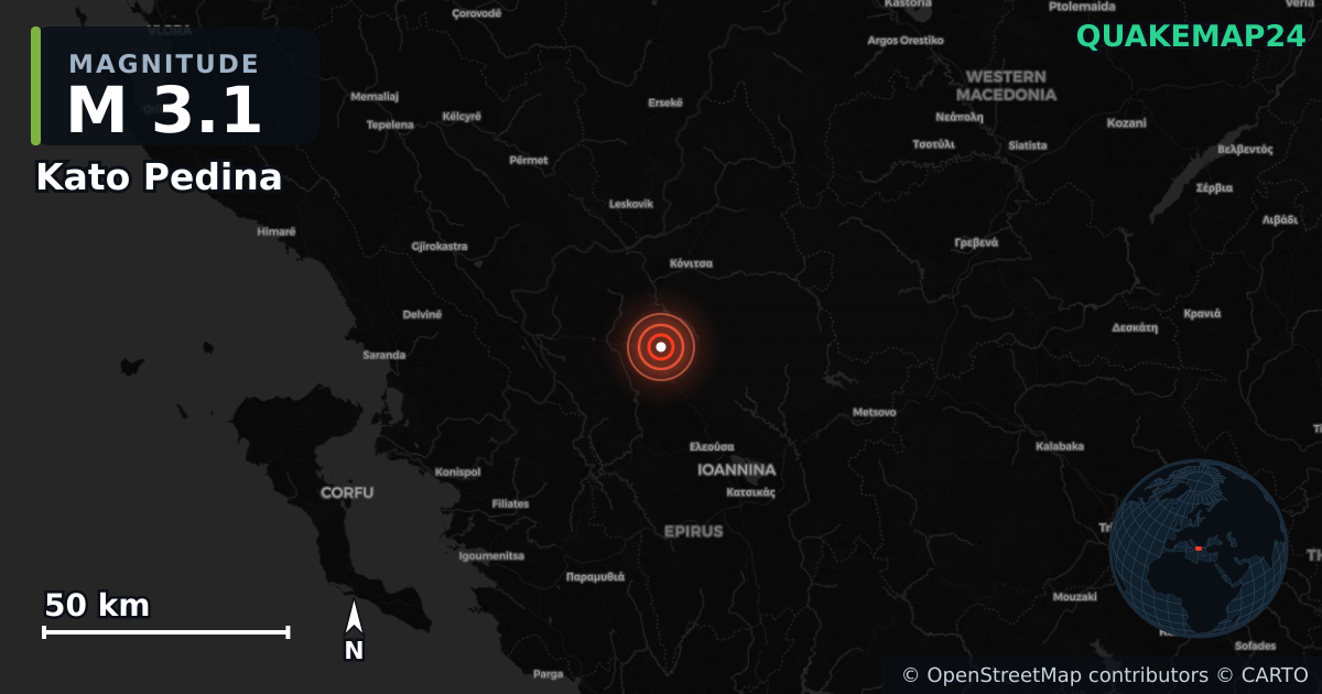 M3.1 earthquake near Kato Pedina on Jul 5, 2026 — map of epicenter and shaking intensity | QuakeMap24