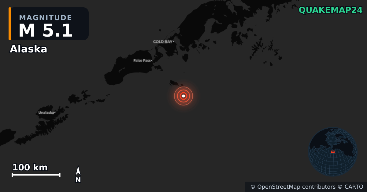 M5.1 earthquake near Alaska on Apr 12, 2026 — map of epicenter and shaking intensity | QuakeMap24