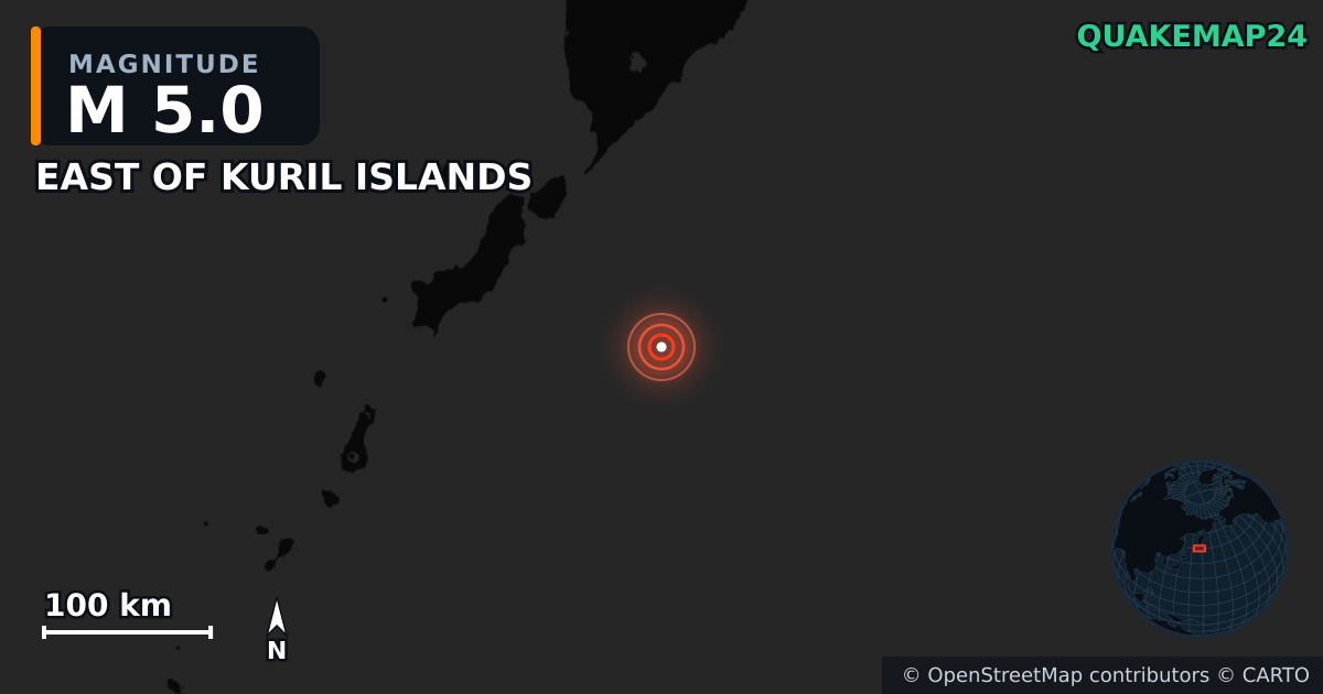 M5.0 earthquake near EAST OF KURIL ISLANDS on Jul 30, 2025 — map of epicenter and shaking intensity | QuakeMap24
