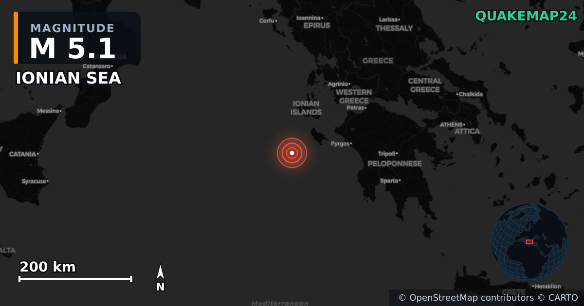 Erdbeben M5,1 bei IONIAN SEA · 2025-12-15 — Karte der Lage des Epizentrums