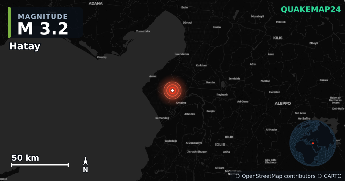 M3.2 earthquake near Hatay on May 24, 2025 — map of epicenter and shaking intensity | QuakeMap24