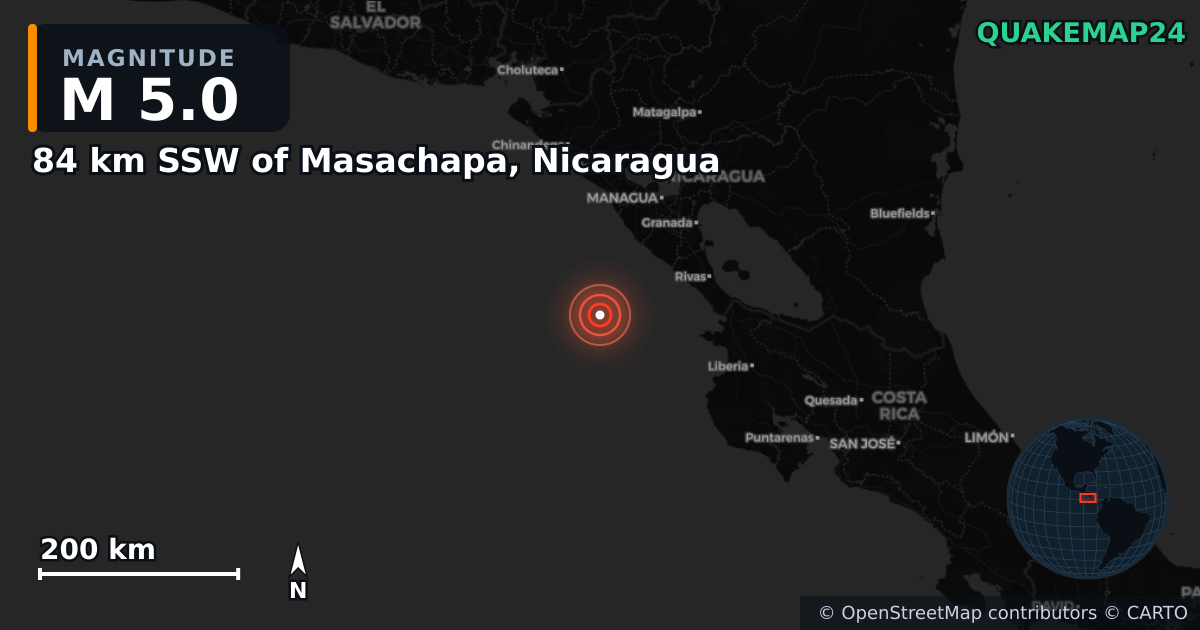 M5.0 earthquake near 84 km SSW of Masachapa, Nicaragua on Jul 28, 2025 — map of epicenter and shaking intensity | QuakeMap24