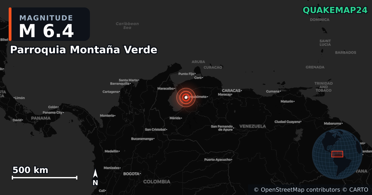 M6.4 earthquake near Parroquia Montaña Verde on Sep 25, 2025 — map of epicenter and shaking intensity | QuakeMap24