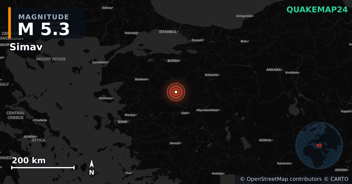 M5.3 earthquake near Simav on Sep 28, 2025 — map of epicenter and shaking intensity | QuakeMap24