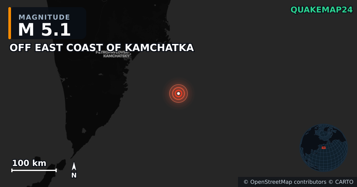 M5.1 earthquake near OFF EAST COAST OF KAMCHATKA on Aug 5, 2025 — map of epicenter and shaking intensity | QuakeMap24