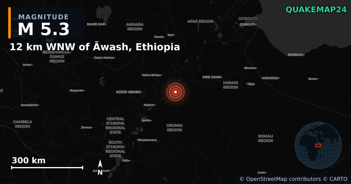 M5.3 earthquake near 12 km WNW of Āwash, Ethiopia on Jan 8, 2025 — map of epicenter and shaking intensity | QuakeMap24