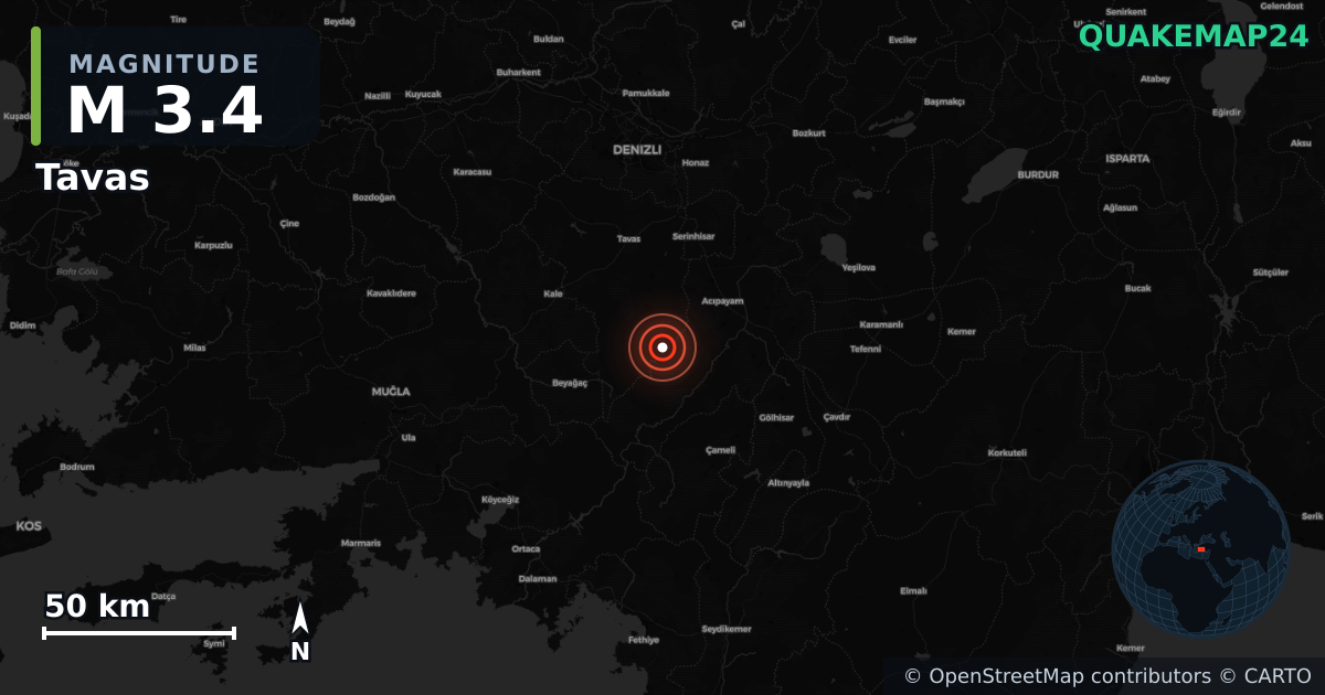 M3.4 earthquake near Tavas on Feb 19, 2026 — map of epicenter and shaking intensity | QuakeMap24