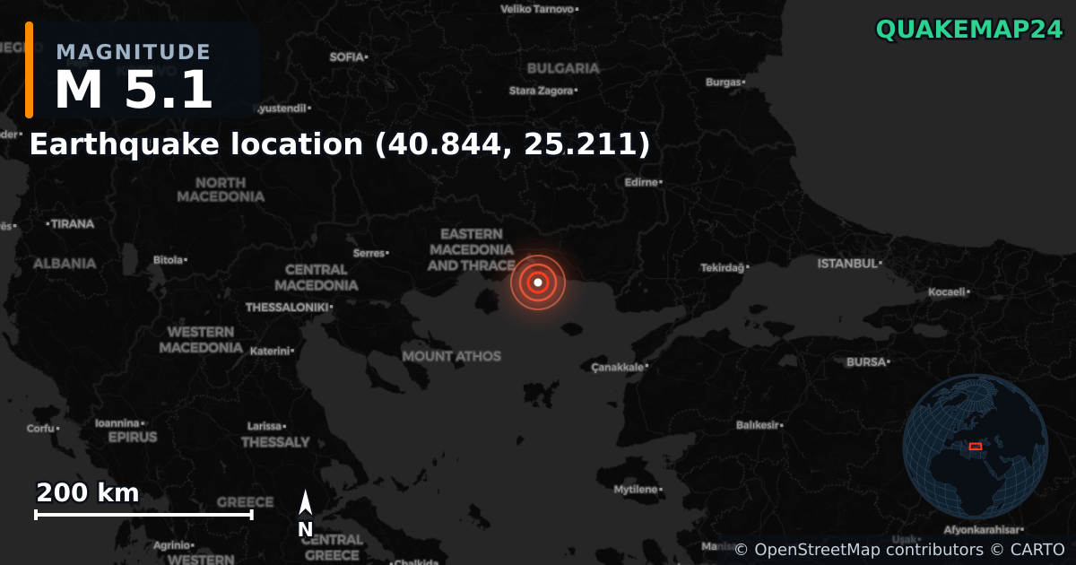 M5.1 earthquake near Local do sismo (40.844, 25.211) on Mar 25, 2026 — map of epicenter and shaking intensity | QuakeMap24