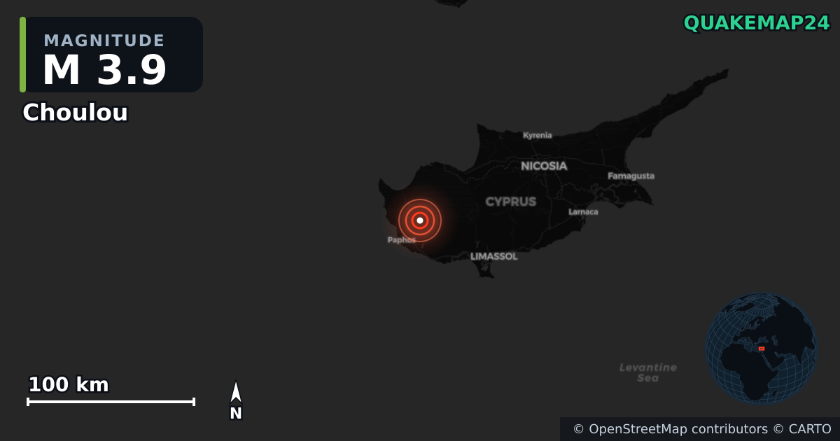 M3.9 earthquake near Choulou on Dec 12, 2025 — map of epicenter and shaking intensity | QuakeMap24