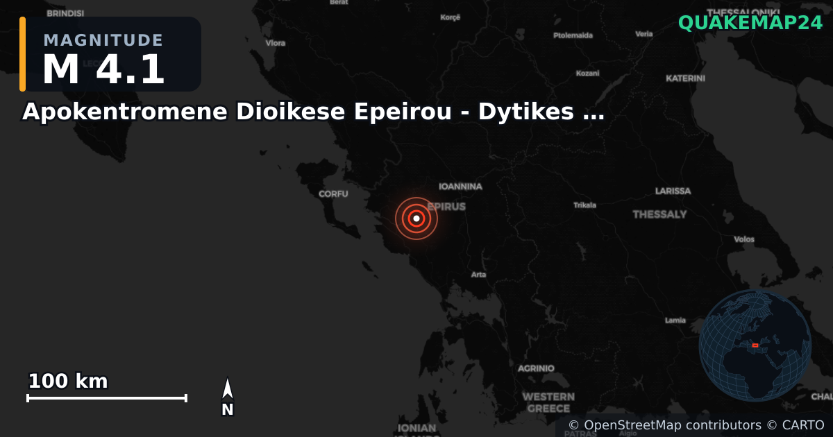 M4.1 earthquake near Apokentromene Dioikese Epeirou - Dytikes Makedonias on Jul 22, 2025 — map of epicenter and shaking intensity | QuakeMap24