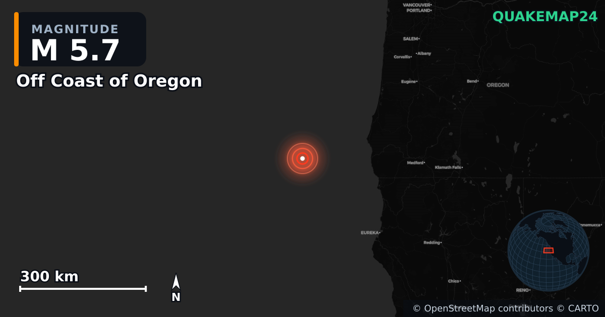 M5.7 earthquake near Off Coast of Oregon on Sep 9, 2025 — map of epicenter and shaking intensity | QuakeMap24