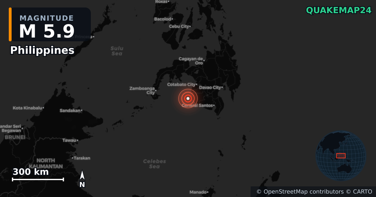 M5.9 earthquake near Philippines on Jan 28, 2026 — map of epicenter and shaking intensity | QuakeMap24