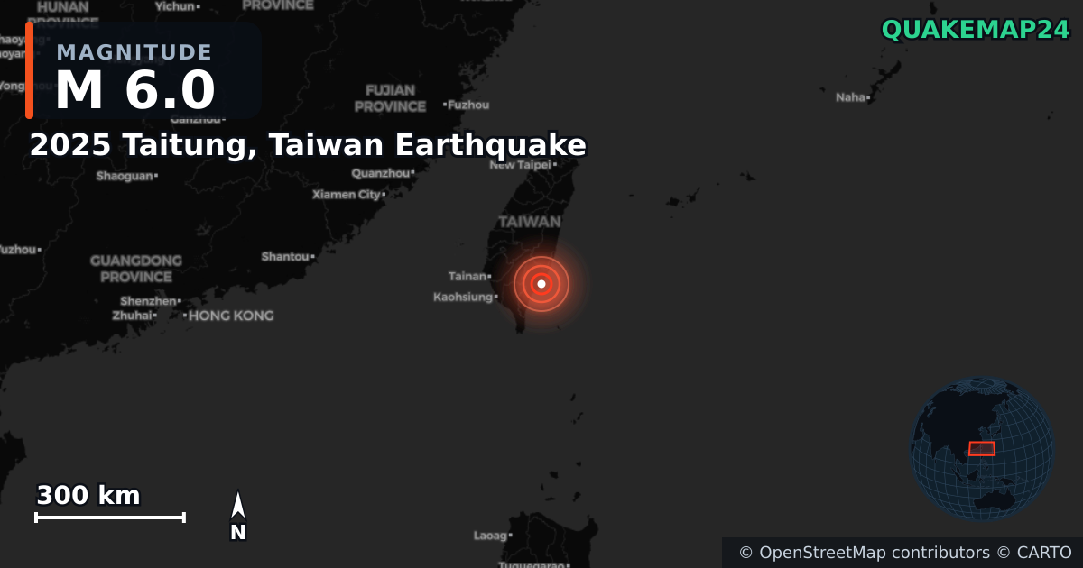 M6.0 earthquake near 2025 Taitung, Taiwan Earthquake on Dec 24, 2025 — map of epicenter and shaking intensity | QuakeMap24