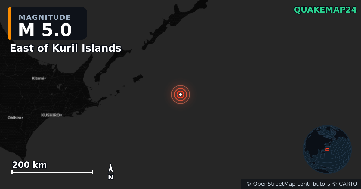 M5.0 earthquake near East of Kuril Islands on Dec 24, 2025 — map of epicenter and shaking intensity | QuakeMap24