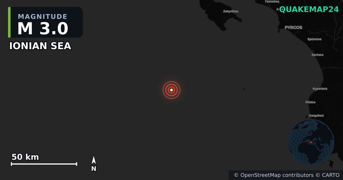 IONIAN SEA yakınında M3,0 deprem · 2026-10-05 — Deprem merkez üssünün konumunu gösteren harita