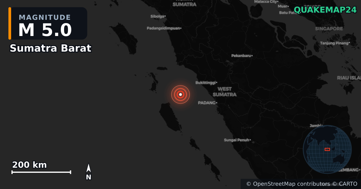 M5.0 earthquake near Sumatra Barat on Feb 22, 2026 — map of epicenter and shaking intensity | QuakeMap24