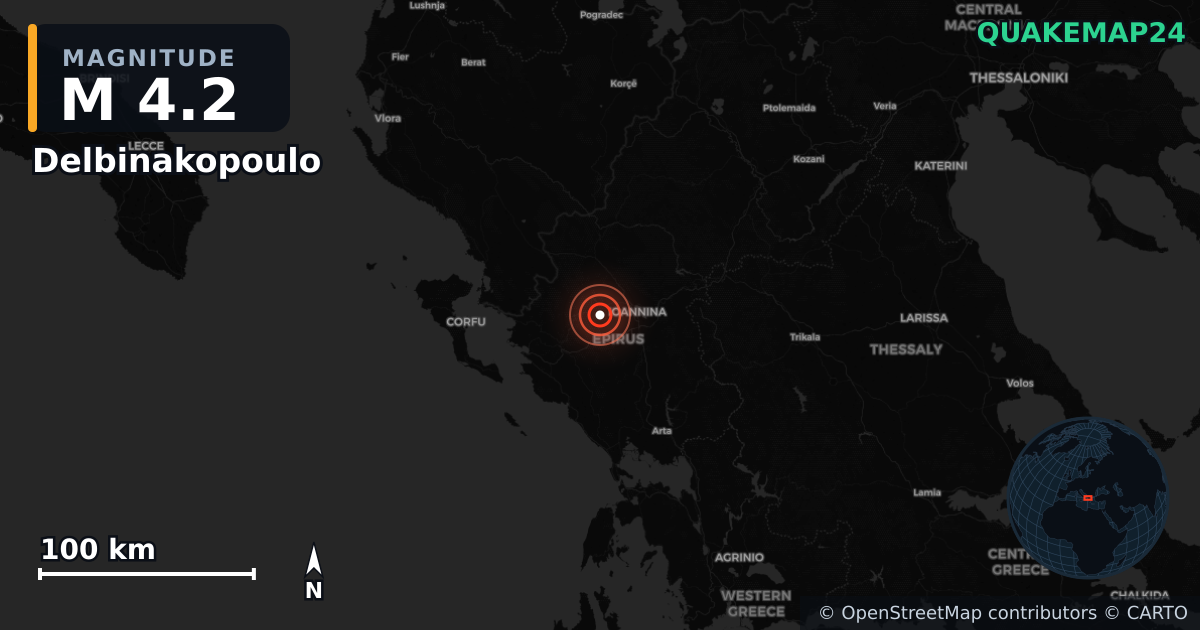 M4.2 earthquake near Delbinakopoulo on Jun 20, 2026 — map of epicenter and shaking intensity | QuakeMap24