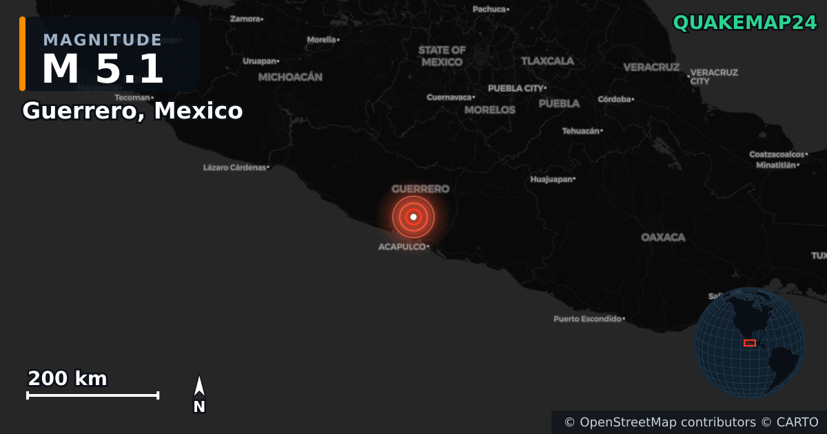 M5.1 earthquake near Guerrero, Mexico on Jan 16, 2026 — map of epicenter and shaking intensity | QuakeMap24