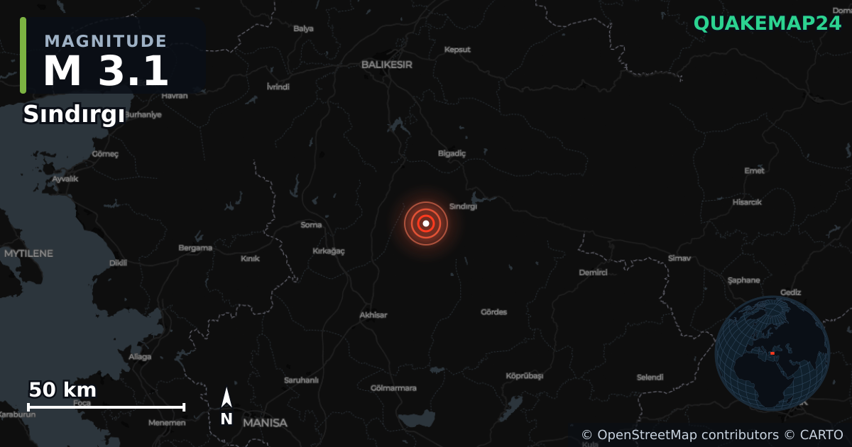 Terremoto de M3,1 cerca de Sındırgı (Turquía) · 2025-12-19 — Mapa de la ubicación del epicentro
