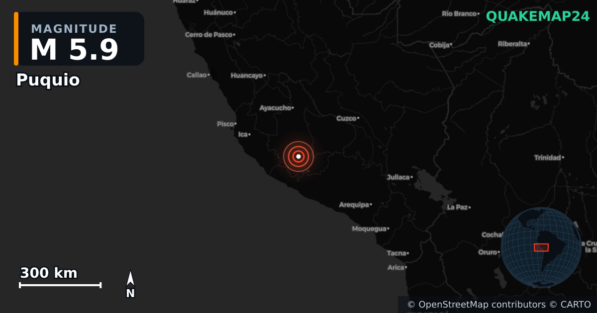 M5.9 earthquake near Puquio on May 17, 2025 — map of epicenter and shaking intensity | QuakeMap24