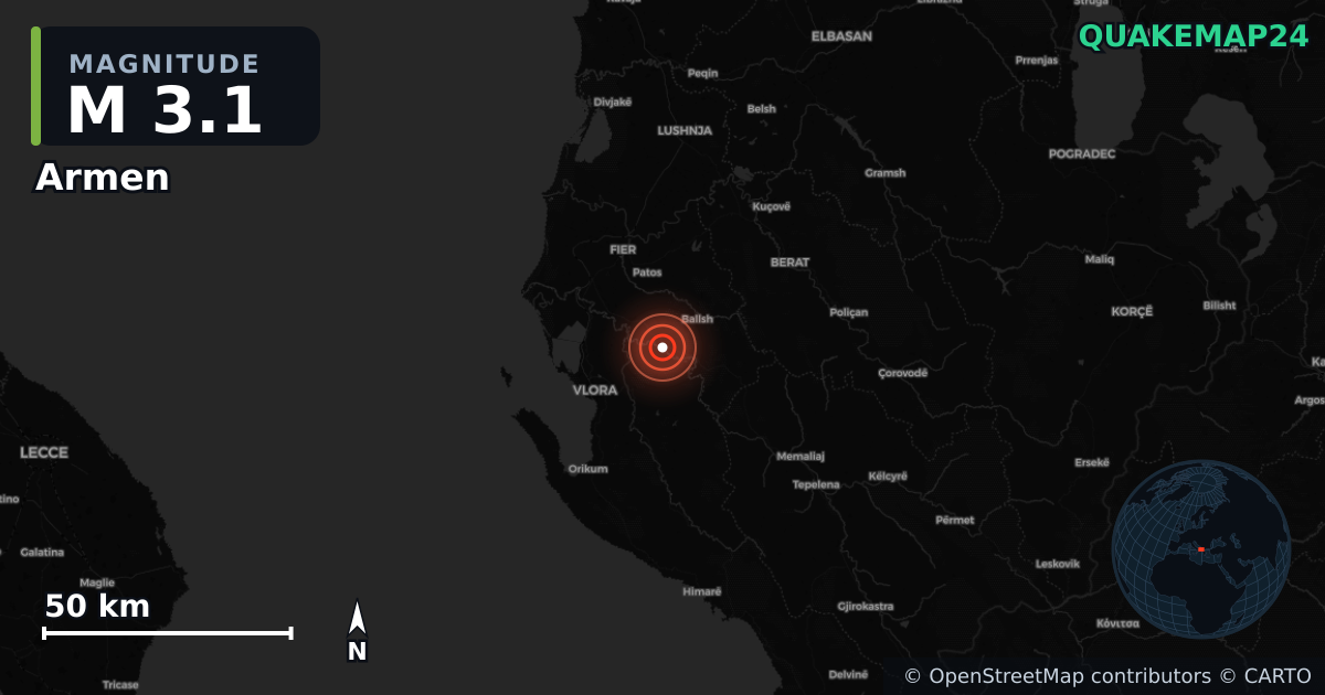 M3.1 earthquake near Armen on Jun 26, 2025 — map of epicenter and shaking intensity | QuakeMap24