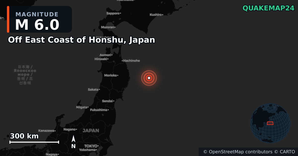 M6.0 earthquake near Off East Coast of Honshu, Japan on Nov 10, 2025 — map of epicenter and shaking intensity | QuakeMap24