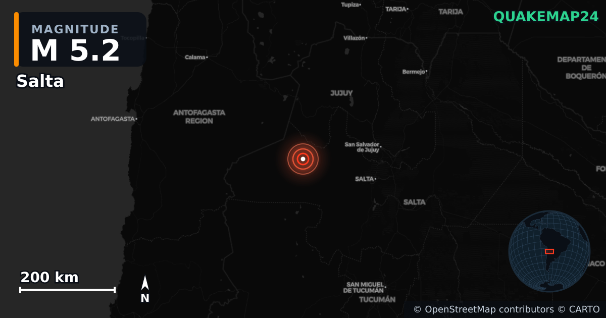 M5.2 earthquake near Salta on Jun 15, 2025 — map of epicenter and shaking intensity | QuakeMap24